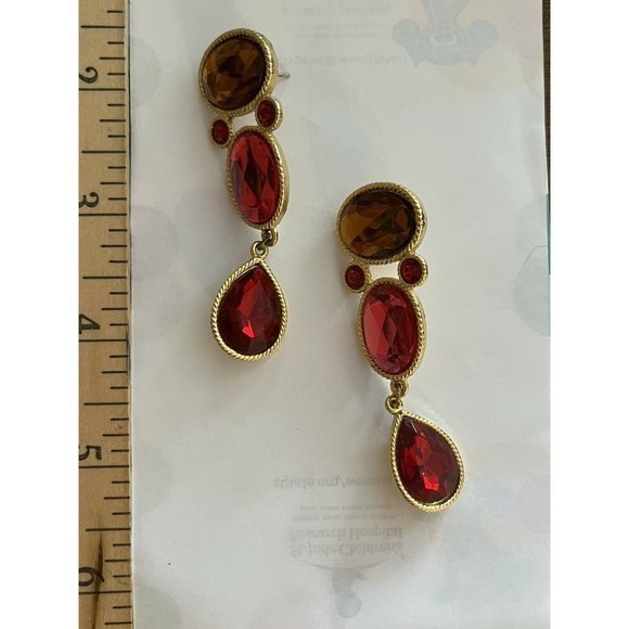 Vintage 3 Tier Orange Pink Red Crystal Three Drop Rhinestone Earrings - Picture 2 of 5